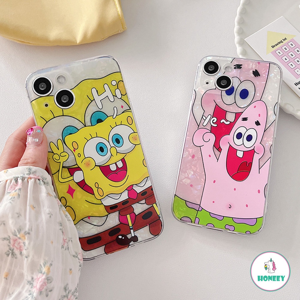 Casing Ponsel Motif Cangkang Glitter Untuk iPhone 14 Pro 11 12 13 Pro Max SpongeBob Lucu SquarePants Fashion Kartun Shockproof Back Cover