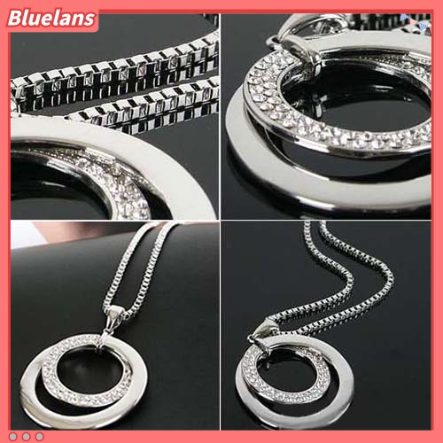 [BLS] Fashion Wanita Kotak Rantai Berlian Imitasi Bulat Lingkaran Liontin Sweater Kalung Perhiasan