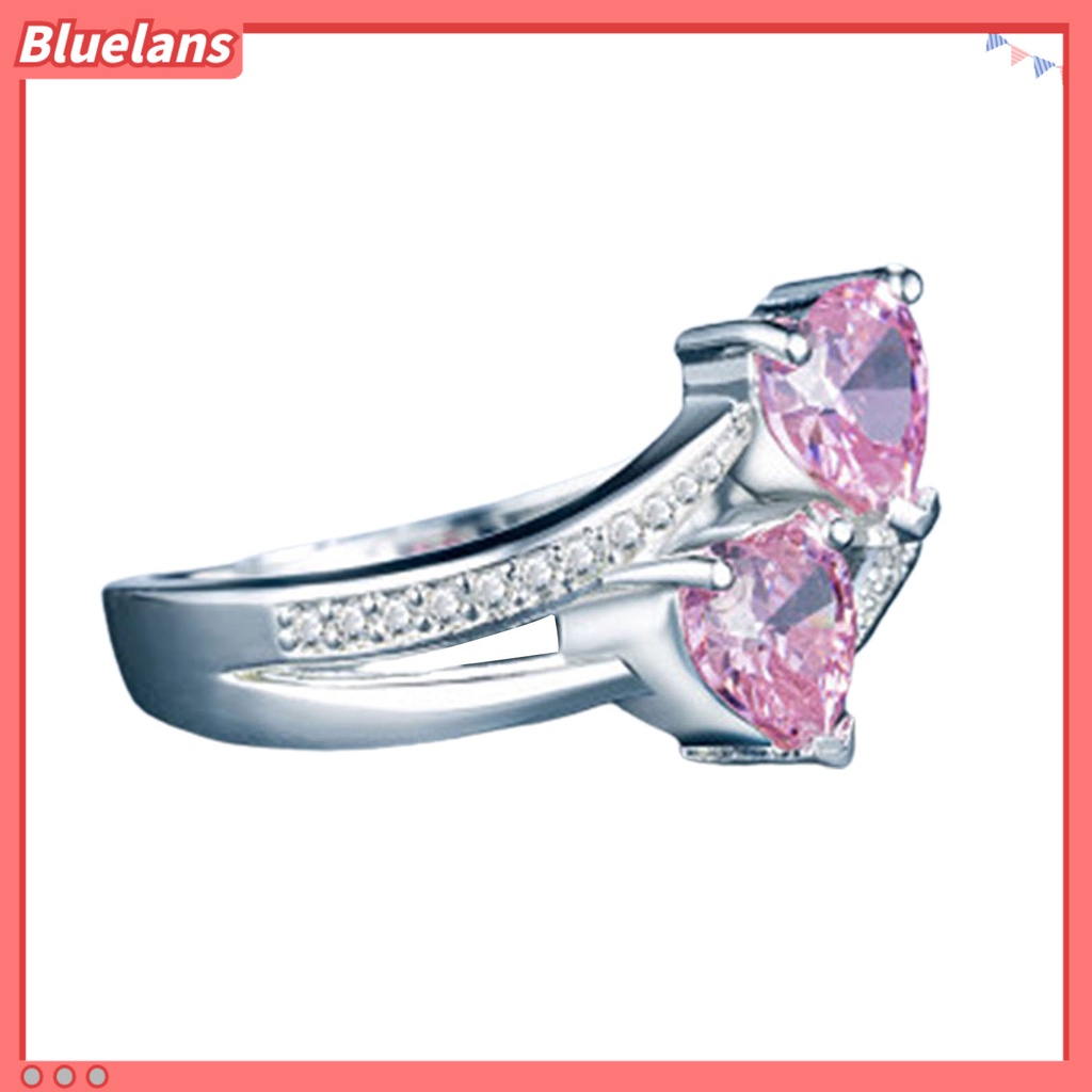 [BLS] Cincin Wanita Double Heart Sparkling Cubic Zirconia Fashion Penampilan Pita Jari Untuk Pesta