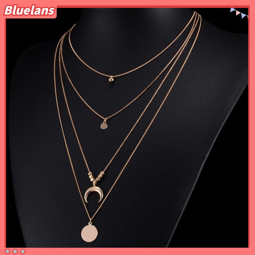 [BLS] Wanita Retro Alloy 4lapis Manik-Manik Bulan Liontin Bulat Pesona Rantai Kalung Choker