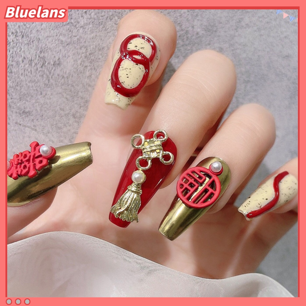 [BLM] 2pcs Dekorasi Manicure Aplikasi Lebar Mudah Di Aplikasikan Ornamen Nail Art Simpul Cina Merah Alloy Untuk Pengantin Wanita