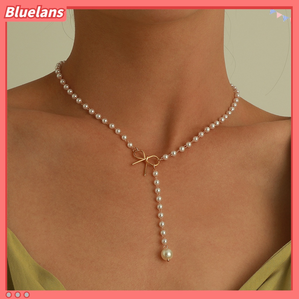 [BLS] Mutiara Imitasi Kalung Lucu Paduan Busur Panjang Rumbai Manik-Manik Liontin Temperamen Dress-Up Warna Emas/Perak Wanita Gaun Sweater Kalung Aksesoris Perhiasan Hadiah
