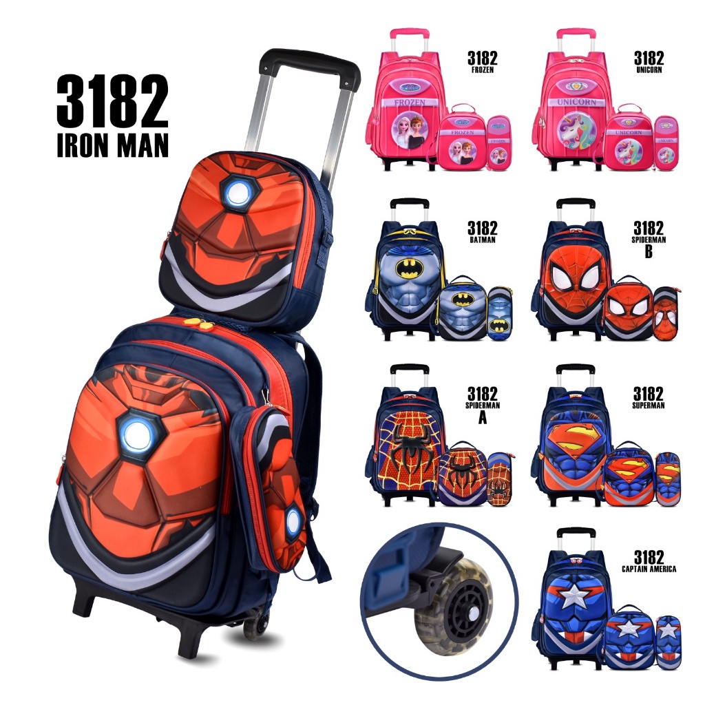 (RF) Tas Anak Trolly Cartoon 3182 Tas 3 IN 1 Sekolah Anak Cowok Dan Perempuan Premium (Batman,Captain,Frozen,Ironman,Spiderman,Superman,Unicorn)