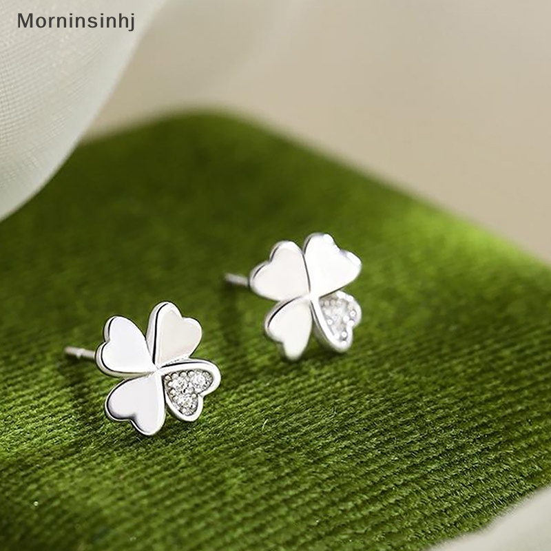 Mornin 1pasang Plaum Plated Perhiasan Telinga Sederhana Warna Perak Beruntung Empat Daun Clover Zircon Stud Earring Untuk Wanita Gadis Perhiasan id