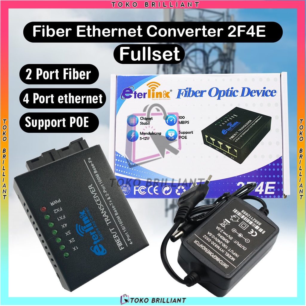 【Support POE】10/100Mbps 2F4E Fiber Converter Switch Single Mode Fiber Switch Bisa COD 5V-12V Power