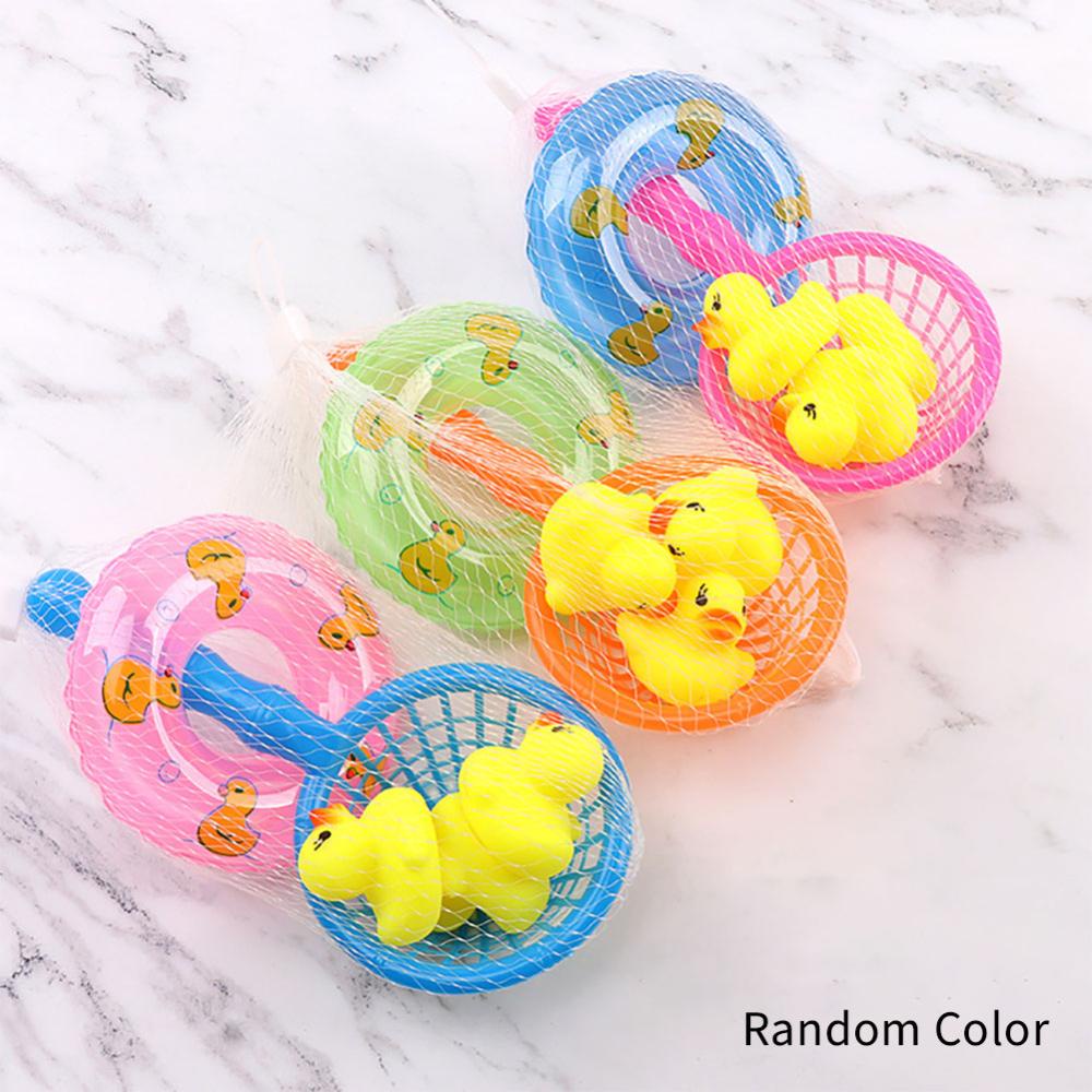 Timekey 5Pcs /set Bayi Bebek Apung Mainan Mandi Mini Renang Cincin Karet Bebek Kuning Jaring Ikan Mandi Renang Balita Mainan H8M2