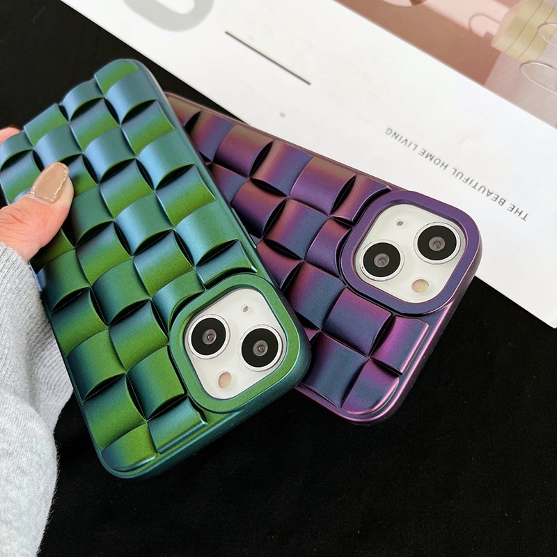 IPHONE Casing Ponsel plating Kotak-Kotak Motif Anyaman 3D Untuk Iphone11 12 13 14 Pro max 6 7 8 14 plus XR X XS XSMAX Silikon Lembut shockproof cover