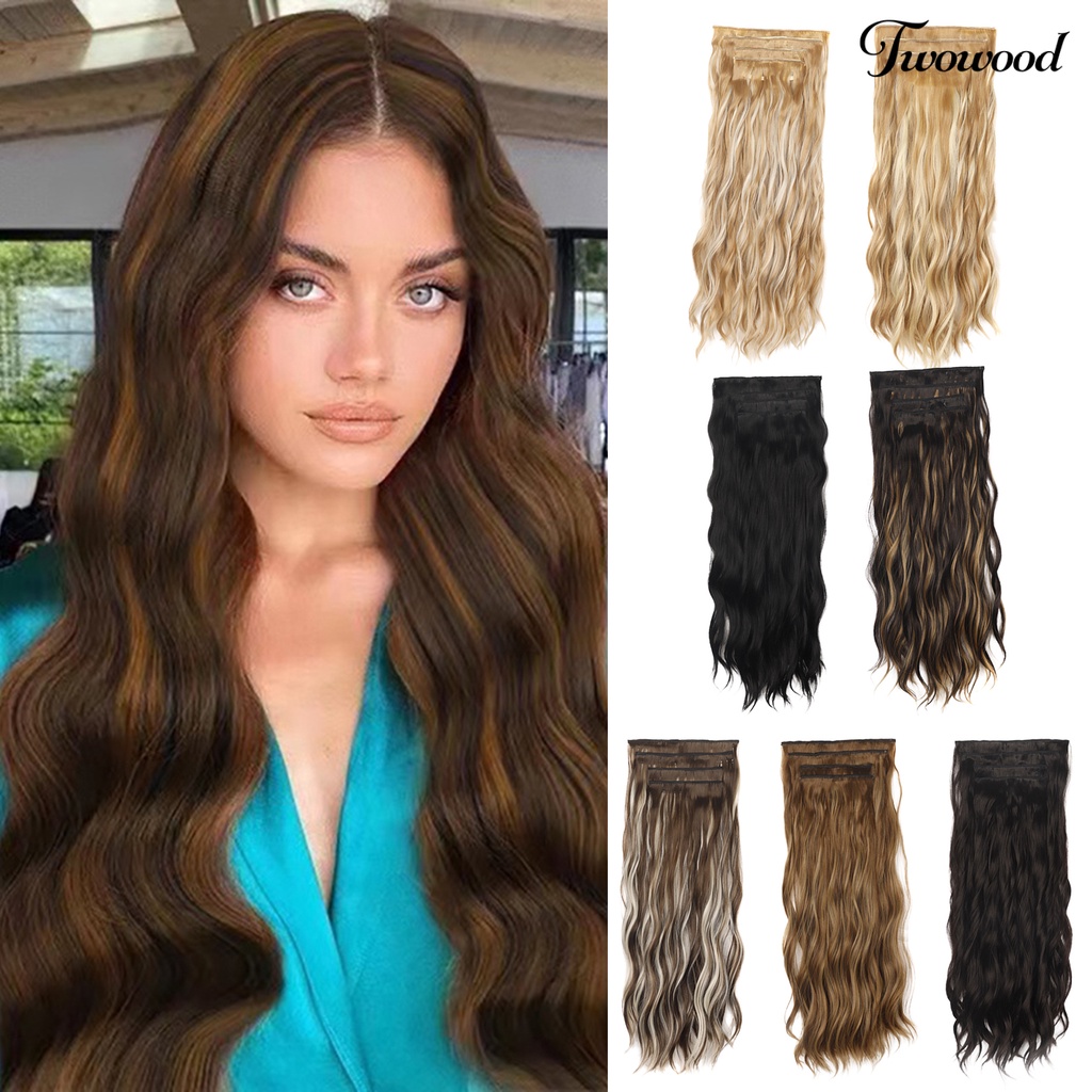 Twowood 1set 55cm Curly Hair Extension Dengan 4jepitan Rambut Berbulu Lembut Klip Serat Suhu Tinggi Dalam Panjang Bergelombang Hair Extension Daily Party Use