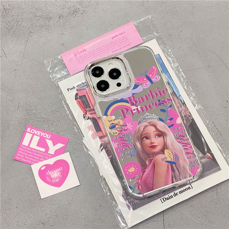 Ins Pola Boneka Barbie Cocok Untuk iPhone 14 Pro Max Casing Ponsel iPhone Permukaan Cermin Kamera Perlindungan Tahan Guncangan Kuat Kompatibel Dengan Iphone13 13pro 13prm iPhone 11 7Plus 8Plus Xr XS 12 Pro Max Casing Ponsel