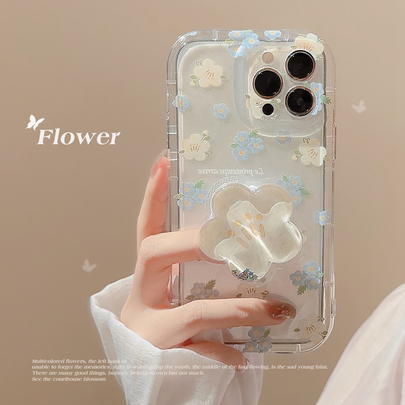 INS Blue White Flowers Popsocket Soft TPU Case iP iPhone 14 + Plus 11 12 13 Pro Max Clear FTD Girl Woman Casing Apple