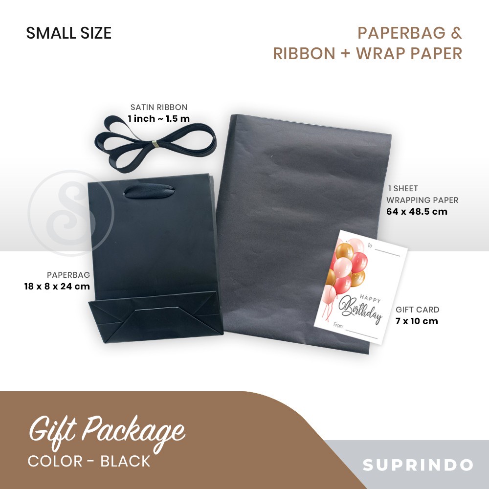 Gift Set Paper Bag Kecil + Kertas Kado + Pita + Kartu Ucapan (HITAM)
