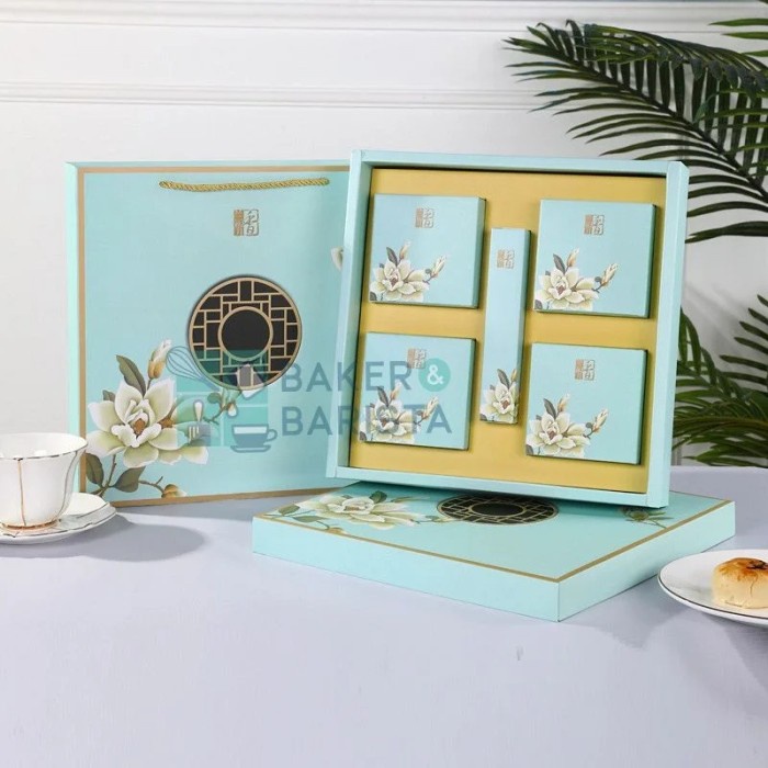 

[SC] Mcb combo set 125gr 4 blue flower mooncake box paper bag set premium