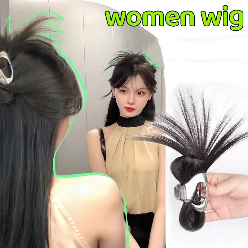 Y2k Wig Shuttlecock Sanggul Rambut Ponytail Tinggi Gaya Malas Dengan Klip Rambut Untuk Wanita Hair Fashhion 20cm