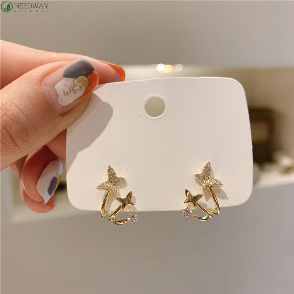 Needway Stud Earrings Wanita Ladies Kecil925 Perak Jarum Indah Berlian Imitasi Fashion Perhiasan