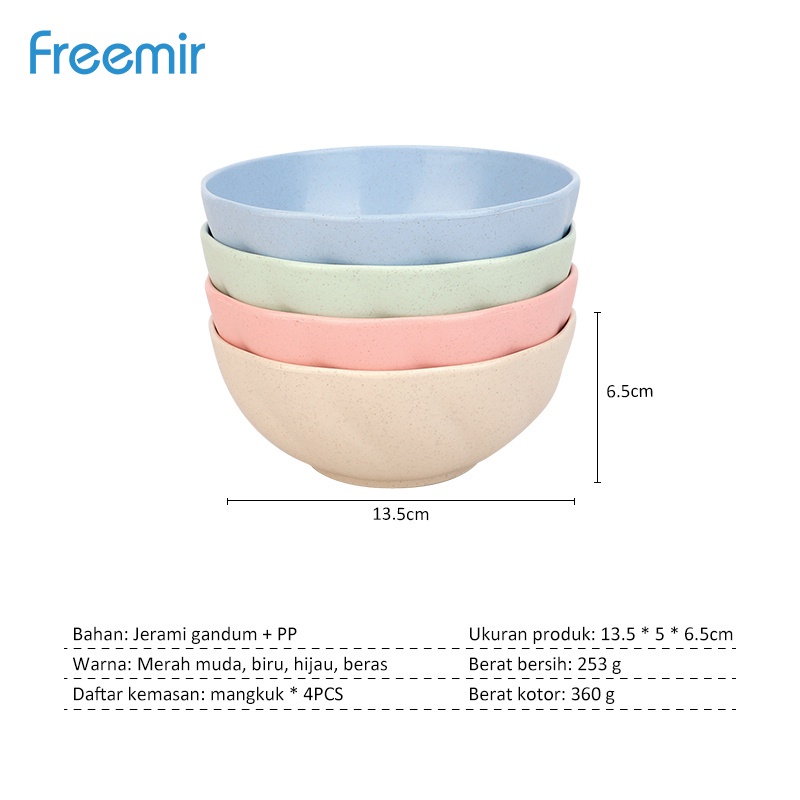 freemir Set 4 pcs Mangkok Gelombang 13.5/14 cm Wheat Straw Plastik Mangkuk Kuah Sup Bowl Warna-Warni Set 4 pcs