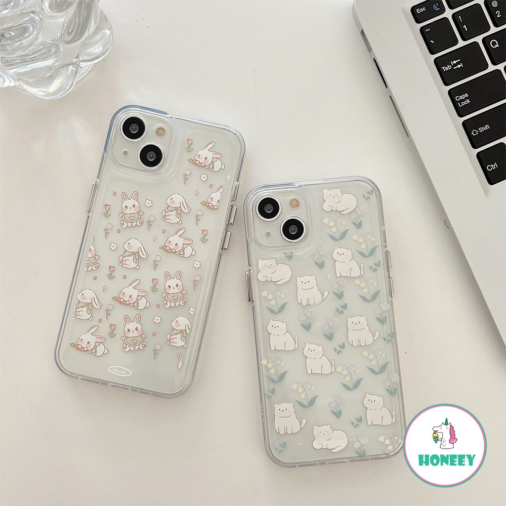 Indah Penuh Layar Bunny Cat Bening Ponsel Case Untuk iPhone 14 Pro Max13 12 11 Pro Max XR XS 7 8 Plus Fashion Floral Lembut TPU Cover Pelindung