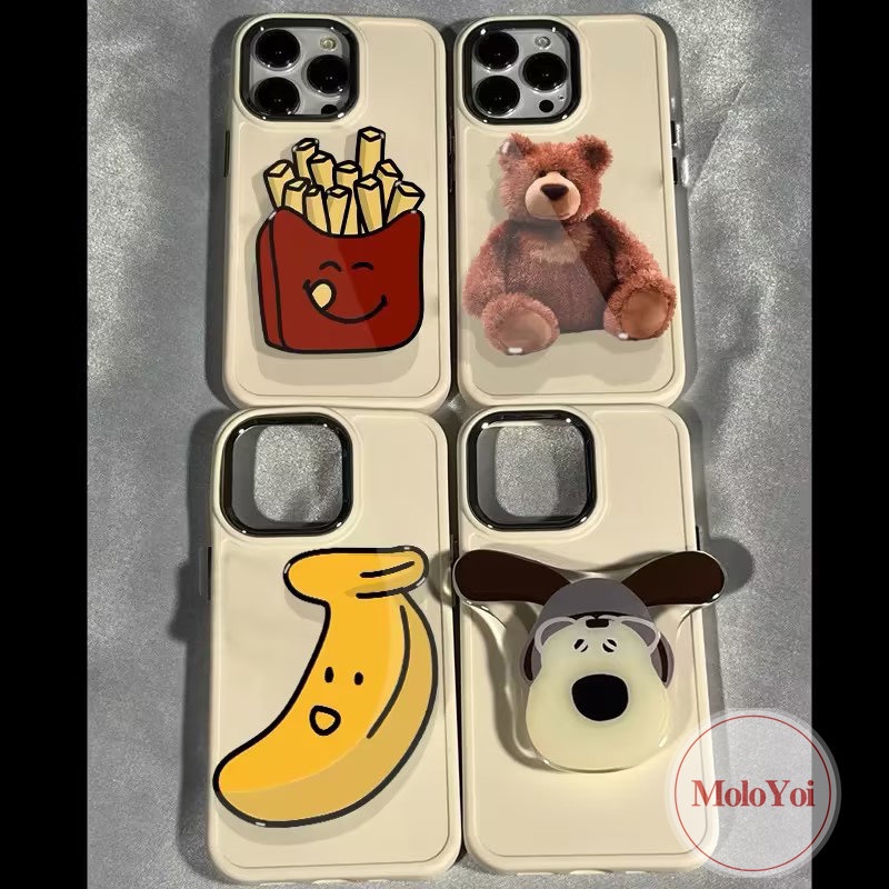 Warna Solid Casing Bingkai Lensa Logam Plating Sederhana Kompatibel Untuk IPhone XR XS X Max11 14 13 12 Pro Max8 7 Plus Kartun Puppy Bear Fries Pisang Aksesoris Bracket Soft Cover