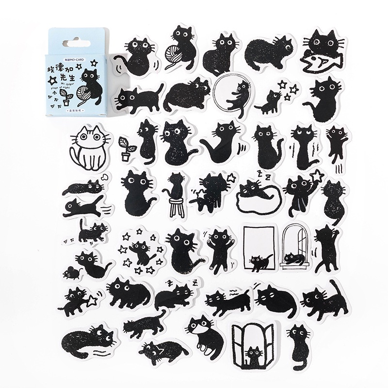 45pcs Stiker Tema Kucing Hitam/Set Kotak DIY Diary Album Stick Note Lable/Kawaii Cute Cats Stickers Self-adhesive Scrapbooking Stickers/Decals Hias Untuk Anak