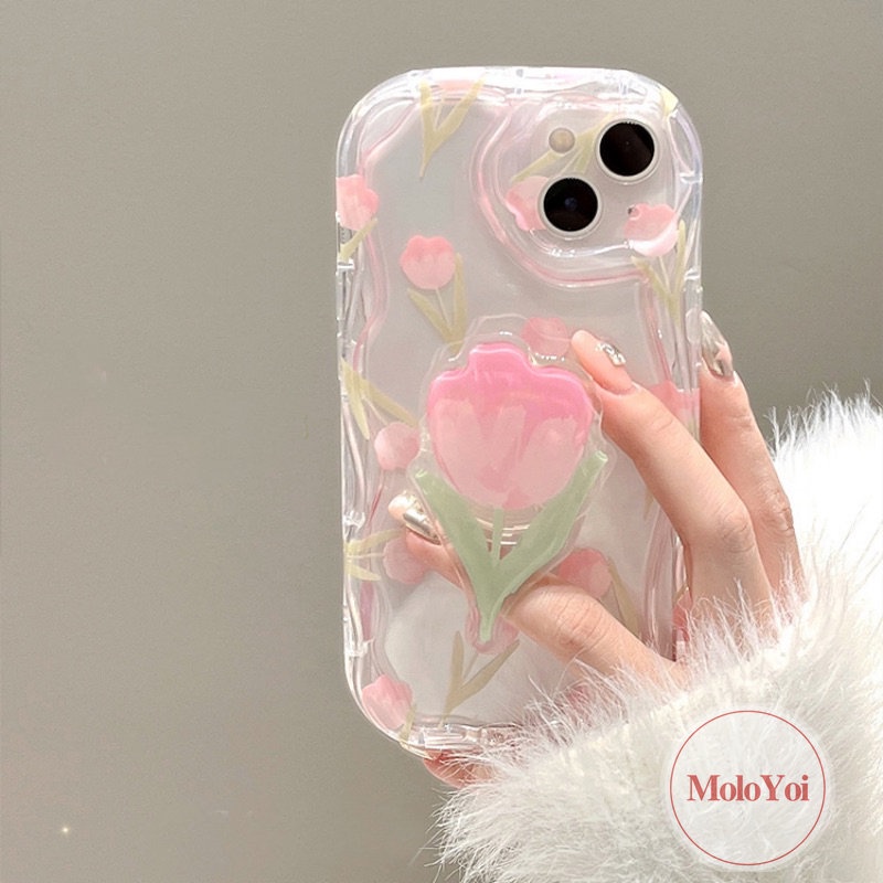 3d Wavy Curved Edge Fresh Flowers Tulip Case Kompatibel Untuk iPhone XR XS X Max11 12 14 13 Pro Max7 6 6s 8 Plus SE 2020 Stand Phone Bunga Dengan Braket Bunga Soft Cover