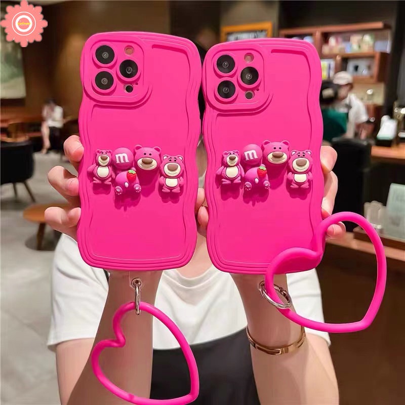 Untuk Redmi 12C 10C 10 9 9T A2 A1 10A 9A 9C A1+ A2+ Note9 10 8 11 10s 9s 11s 10 Pro Max POCO X3 NFC Pro M3 Mi 11T Pro 3D Strawberry Bear Losto Case Dengan Gelang Love Hati