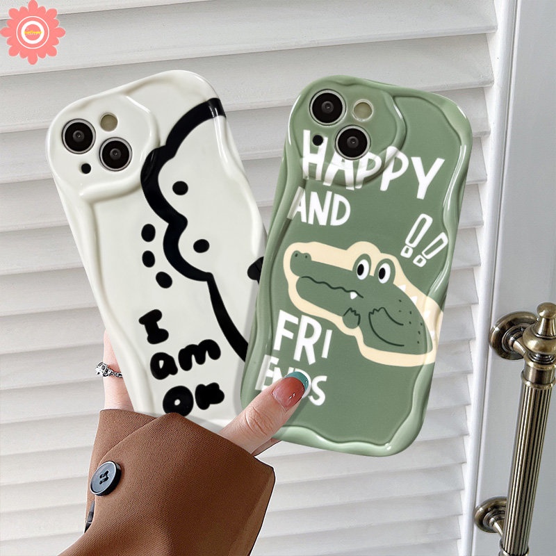 Compatible for iPhone 7Plus 8Plus XR 14 11 13 12 Pro Max X XS Max 6 6s 7 8 Plus SE 2020 Couple Cute Cartoon Crocodile Dinosaur Soft Glossy 3D Wavy Curved Edge Phone Back Cover Case