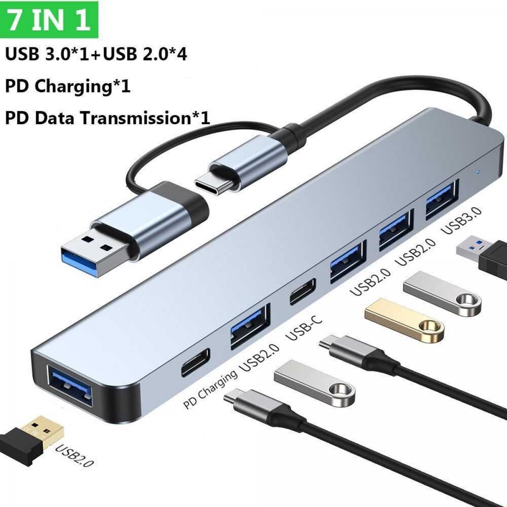 USB Hub Type C Adapter 7 Port in 1 USB 3.0 USB 2.0 PD 5W Plug and Play