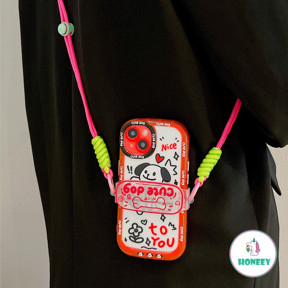 IPHONE Neon Garis Graffiti Anjing Klip Belakang Lanyard Ponsel Case Kompatibel Untuk Iphone14 12 13 Pro Max11 Penuh Bungkus Lensa Drop Cover Pelindung