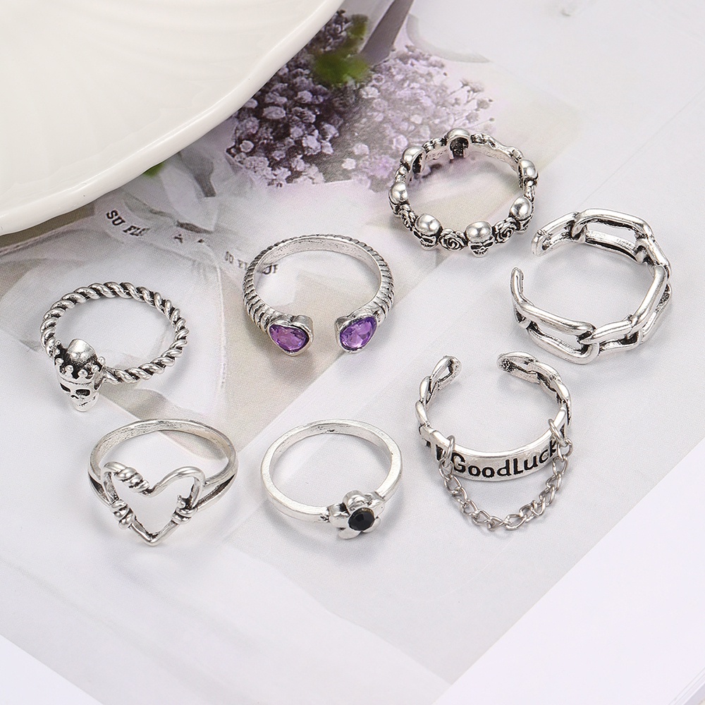 7pc /set Punk Jantung Cincin Gothic Hip Hop Huruf Cincin Perak Untuk Wanita Fashion Perhiasan Aksesoris