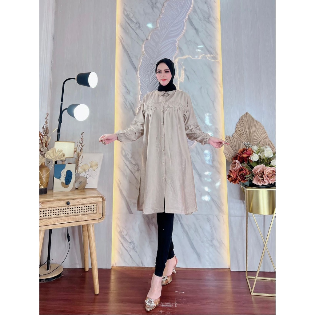 Hazel Tunik Polo Linen Atasan Wanita Lengan Ruffle Premium Dress kancing depan lengan panjang muslimah Remaja Terbaru kekinian korean style