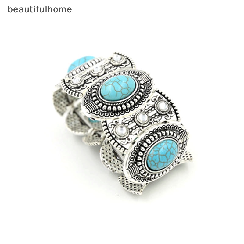 {beautifulhome} Bergaya Boho Womens Retro Vintage Natural Turquoise Tibet Perak Gelang Cuff.