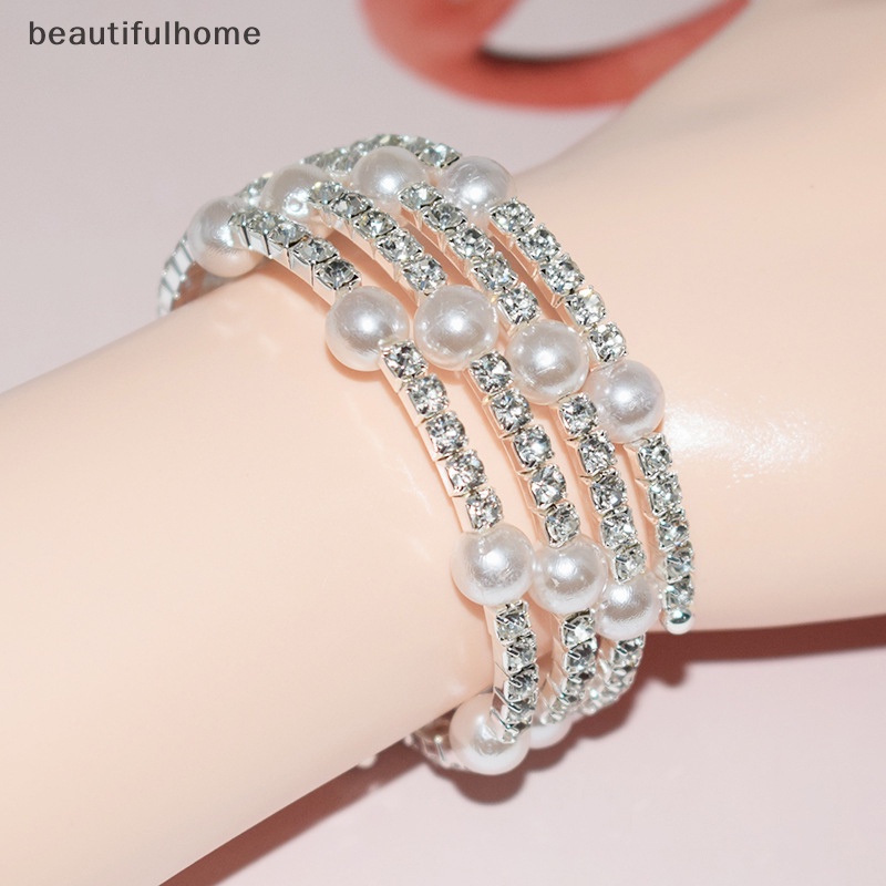 {beautifulhome} Gelang Mutiara Imitasi Kristal Elegan Multilayer Gelang Mutiara Stretchable Pearl Bracelet Untuk Wanita Hadiah Perhiasan Pengantin.