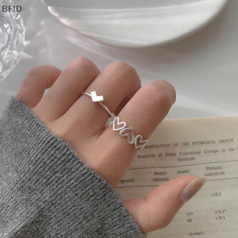 [BFID] 1set Kepribadian Fashion Bentuk Hati Berongga Keluar Warna Perak Cincin Terbuka Ins Gaya Adjustable Ring [ID]