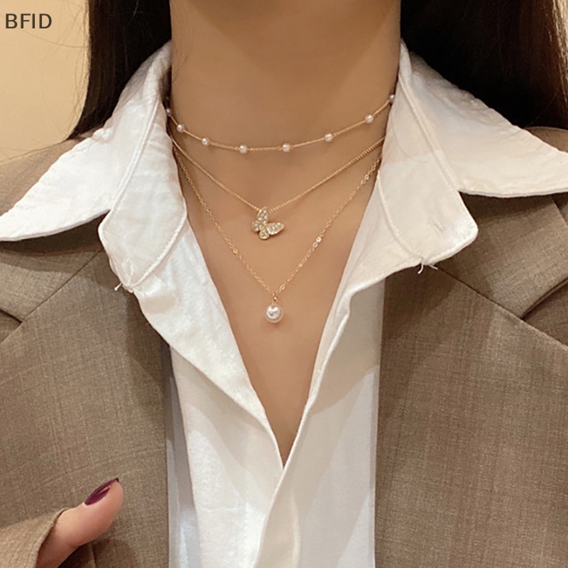 [BFID] Mutiara Kupu-Kupu Kalung Elegan Multi Layer Liontin Emas Rantai Choker Wanita Aksesoris Perhiasan [ID]