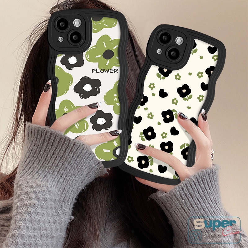 Casing Tepi Bergelombang Bunga Kecil Musim Panas Hitam Hijau Untuk Redmi 12C 9T 10C A1 9 9A 10 10A 9C A1+ Redmi Note8 11 10 9 Pro 10s 11s 9s POCO M3 X3 NFC Pro Mi 11T Pro Retro Bunga Sarung Soft Cover