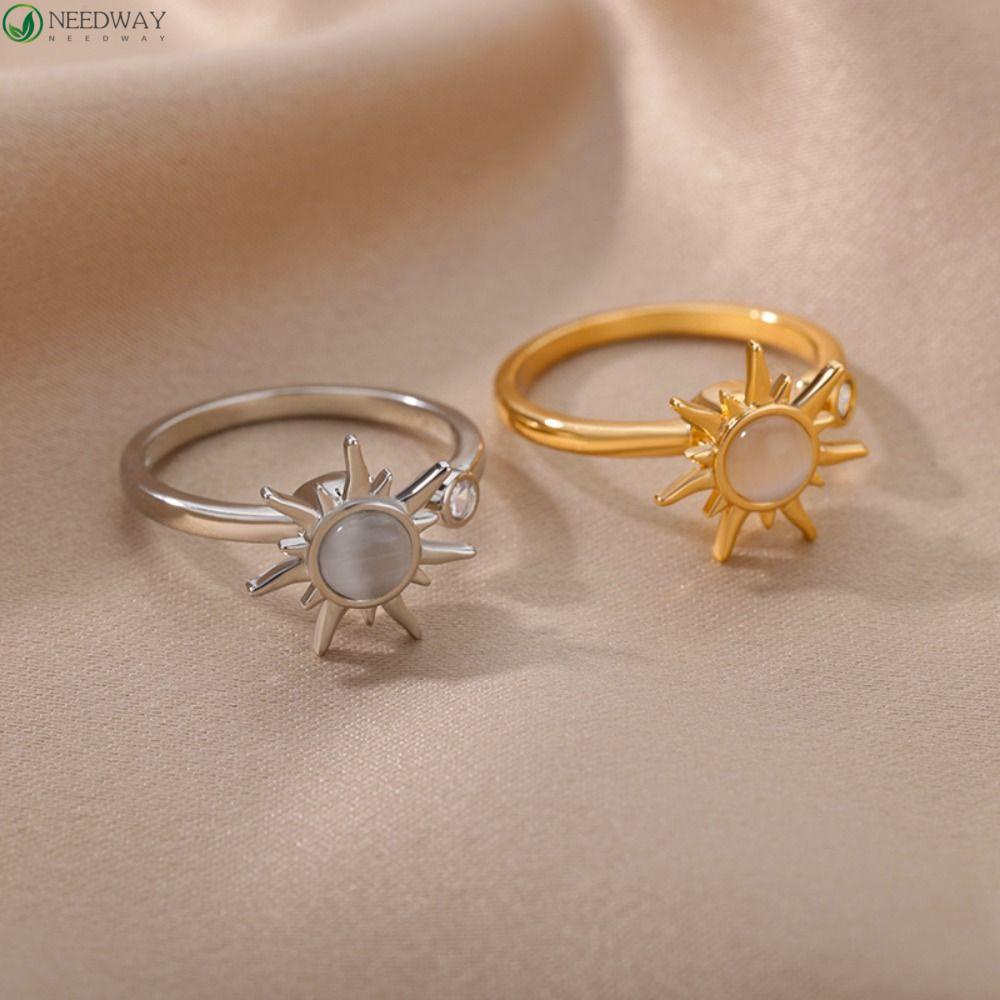 Needway Wanita Cincin Terbuka Manis Berlebihan Opal Bunga Matahari Temperamen Gaya Retro Korea Rings