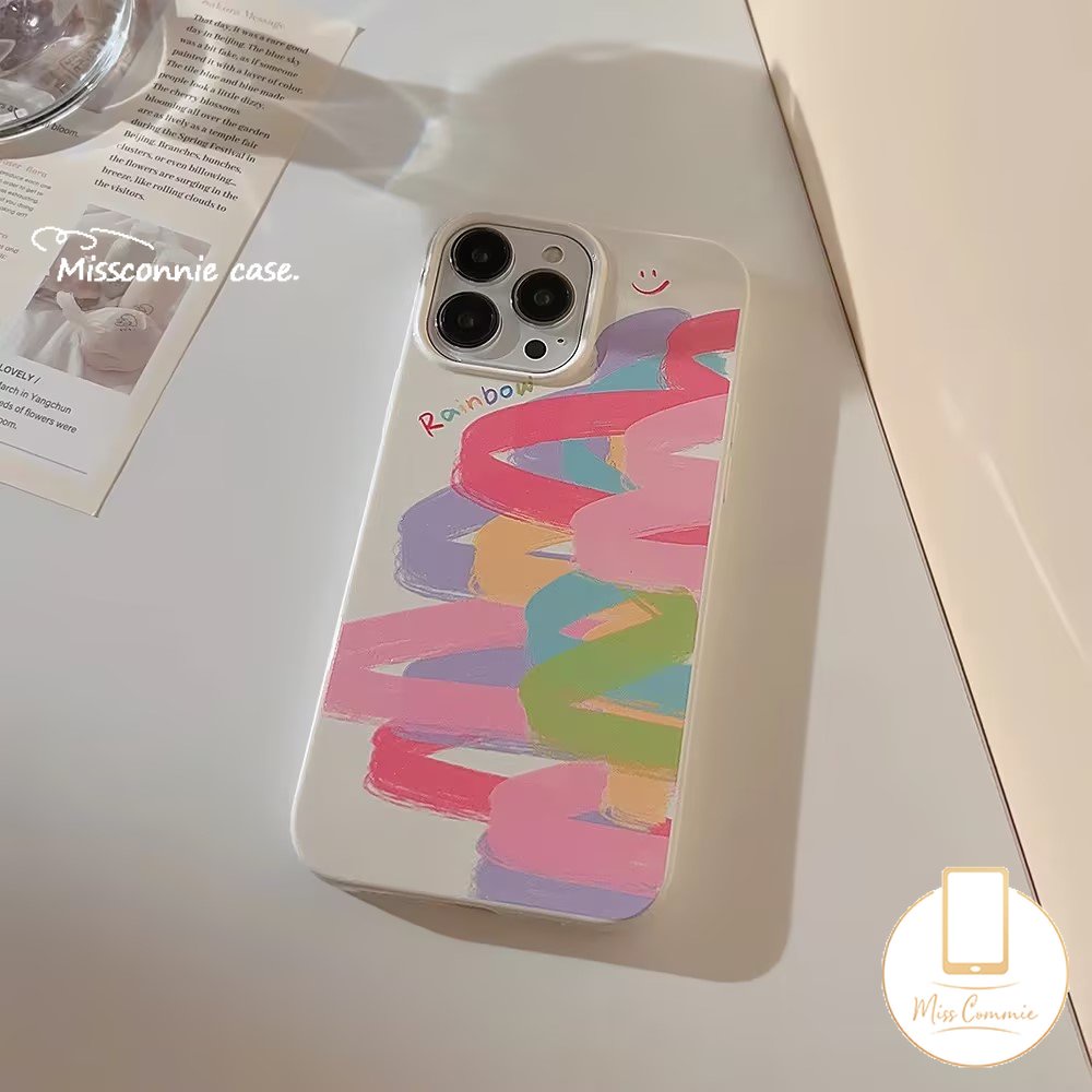 IPHONE Doodle Cat Warna-Warni Pelangi Case Kompatibel Untuk Iphone11 13 14 12 Pro Max 7Plus XR X XS Max7 8 Plus SE 2020 Glossy Halus Shockproof Lembut Tpu Penutup Belakang