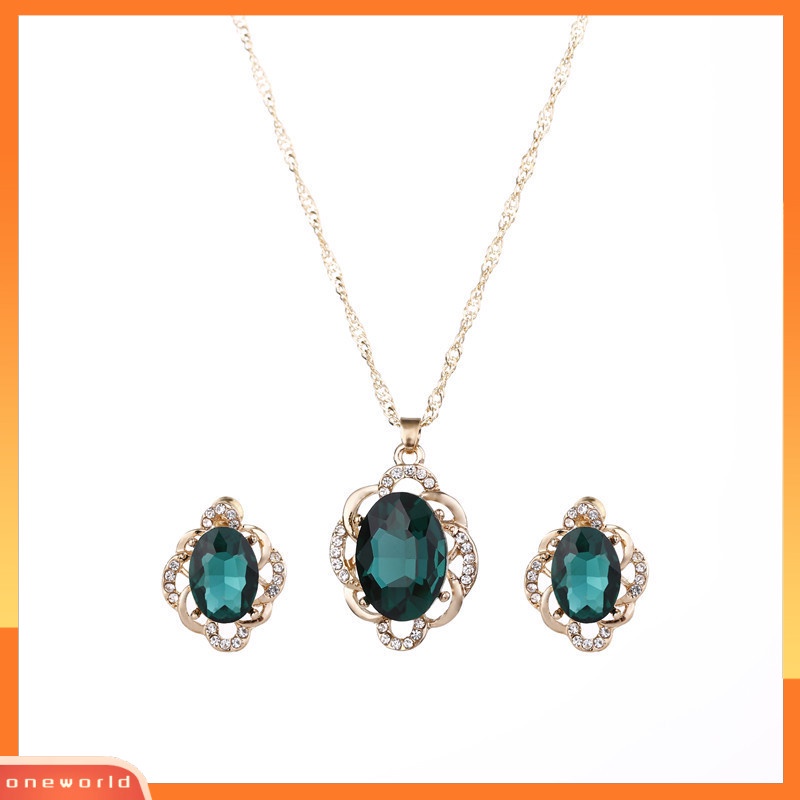 [ONR] Set Anting Kalung Belah Ketupat Kristal Kombinasi Anting Liontin Perhiasan Set