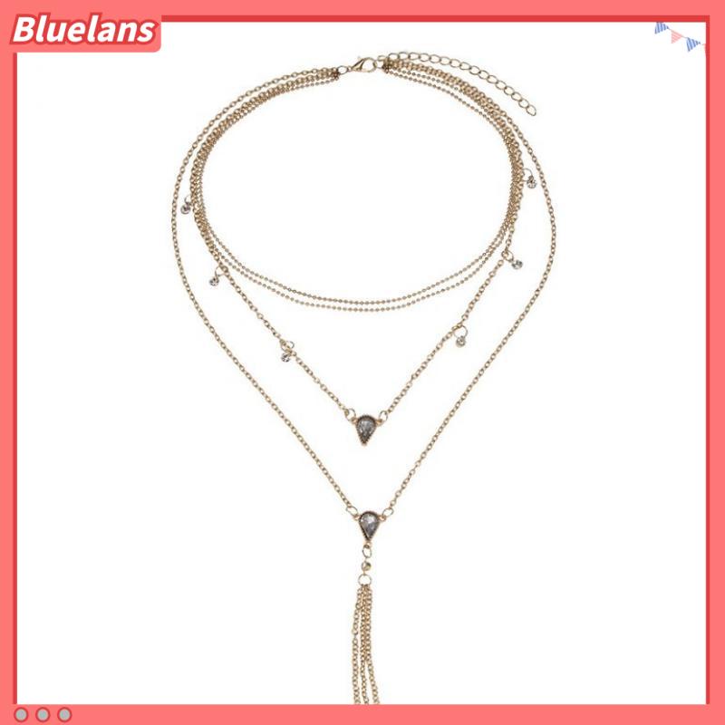 [BLS] Kalung Berlian Permata Tetes Rantai Empat Lapis multi-layer Kalung Liontin Rumbai