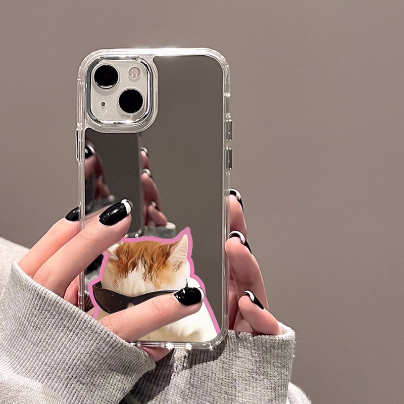 IPHONE Kacamata Hitam Lucu Cat Mirror Phone Case Kompatibel Untuk Iphone11 12 13 14 12Pro 13Pro 14Pro Pro Max XR X XS Max Electroplating Tombol Perlindungan Mirror Cover