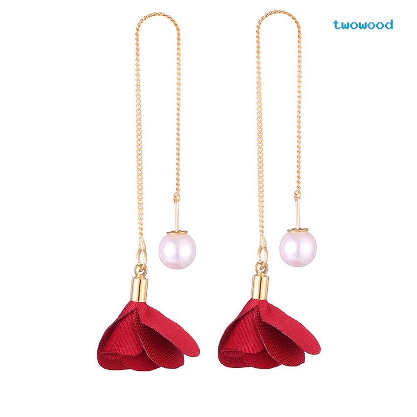 Twowood Anting Temperamen Fashion Anting Rumbai Panjang Mutiara Bunga Mawar Elegan Perempuan Kawat Telinga