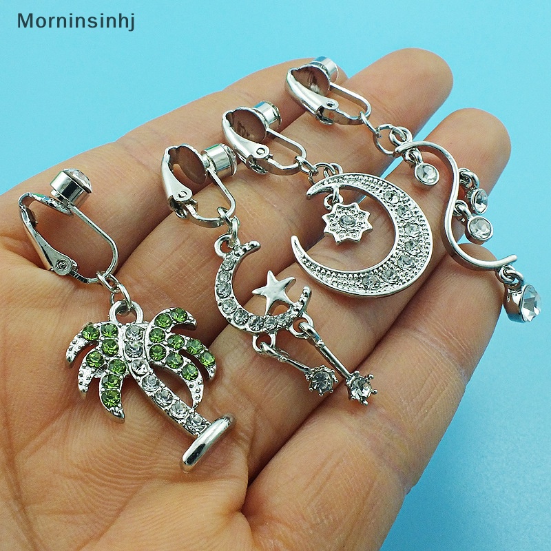 Mornin Cincin Pusar Palsu Zirkon Belly Button Clip On Wanita Ada Perhiasan Kupu-Kupu Daun Bulan Liontin Pusar Cincin Dekorasi Tubuh id