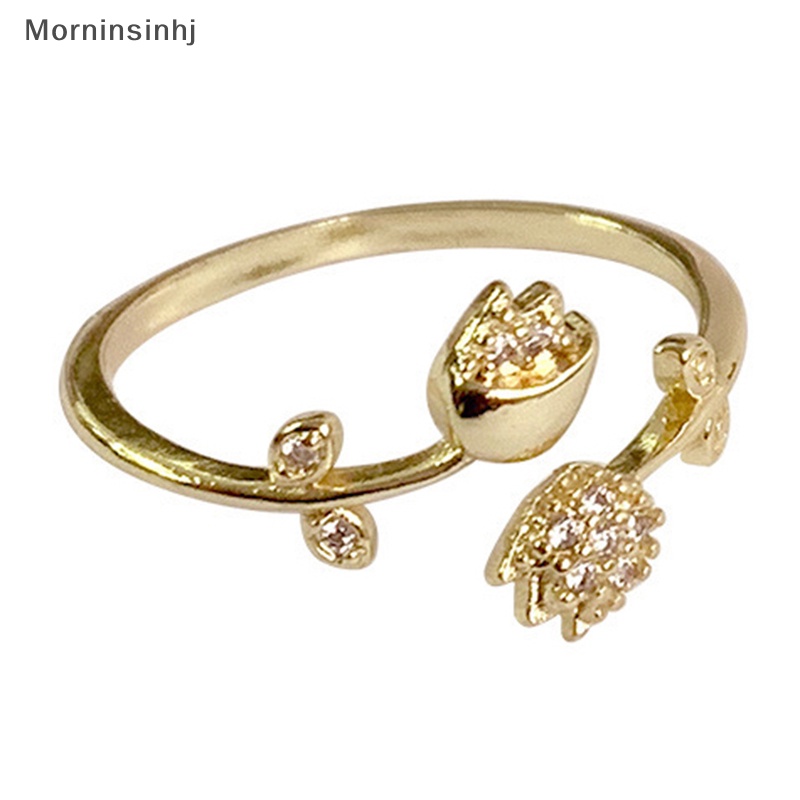 Mornin Warna Emas Romantis Lucu Bunga Tulip Zirkon Pembukaan Adjustable Jari Cincin Untuk Wanita Fashion Manis Elegan Pesta Perhiasan Hadiah id