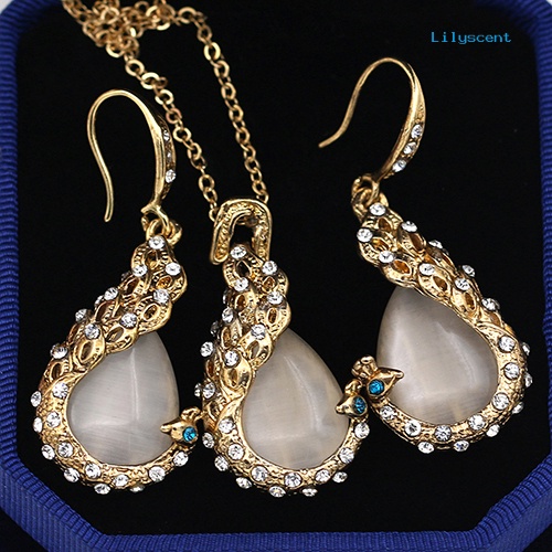 [LS] Berlian Imitasi Wanita Opal Tetesan Air Liontin Kalung Anting Pernikahan Perhiasan Set