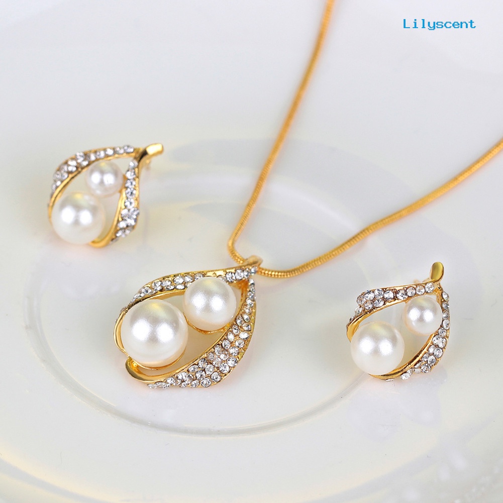 [LS]Wedding Bridal Mutiara Imitasi Berlian Imitasi Berongga Stud Anting Cincin Kalung Set