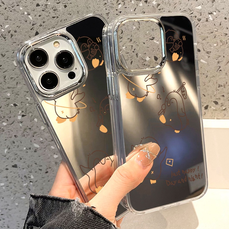 IPHONE Casing Ponsel Cermin Penguin Happy Kompatibel Untuk Iphone11 12 13 14 12Pro 13Pro 14Pro Pro Max XR X XS Max Electroplating Tombol Perlindungan Mirror Cover