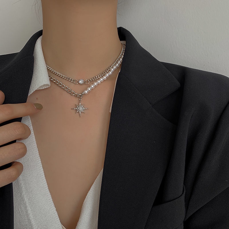 Niche Desain Kalung Mutiara Jahitan Rantai Zirkon Rantai Klavikula Temperamen Perempuan Gaya Milenium Kalung Influencer Bintang