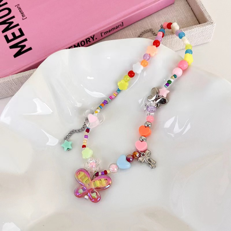 Kalung Manik-Manik Kupu-Kupu Warna Dopamin Perempuan Manis Unik All-Match Gadis Rantai Klavikula Influencer Necklace