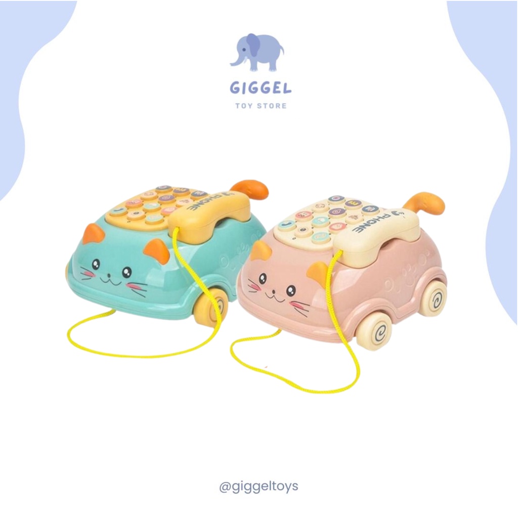 [ Giggel ] CAT PULL PHONE / Telephone Cute Car / Mainan Edukasi Anak Telephone Music Car / Handphone Music Berbentuk Kucing Bilingual Ukuran Besar Bisa Di Tarik