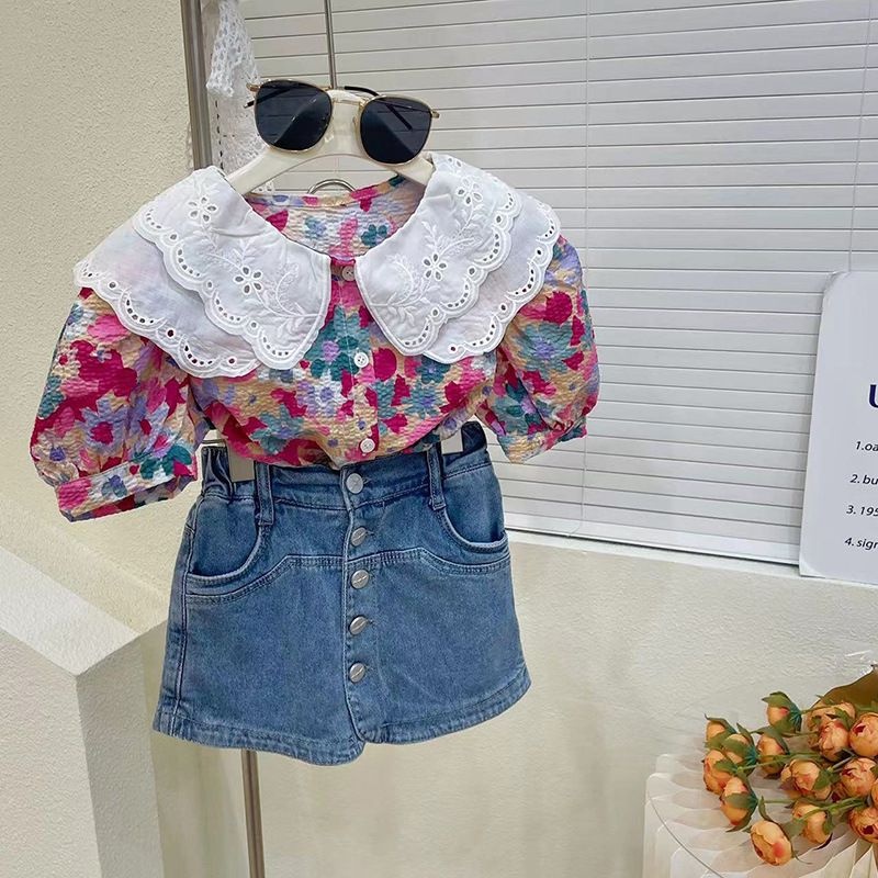 (LOLI-JKT) BS- 460 SETELAN ANAK COLLORFULL BUNGA ROK CELANA JEANS 100-140