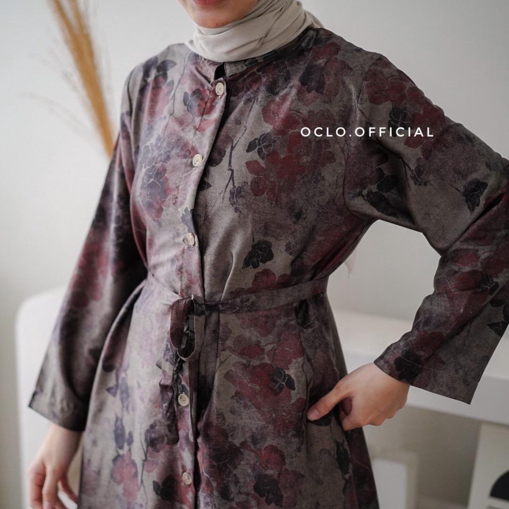 Oclo Chasavia Midi Dress Atasan wanita loose flower brownsilk premium